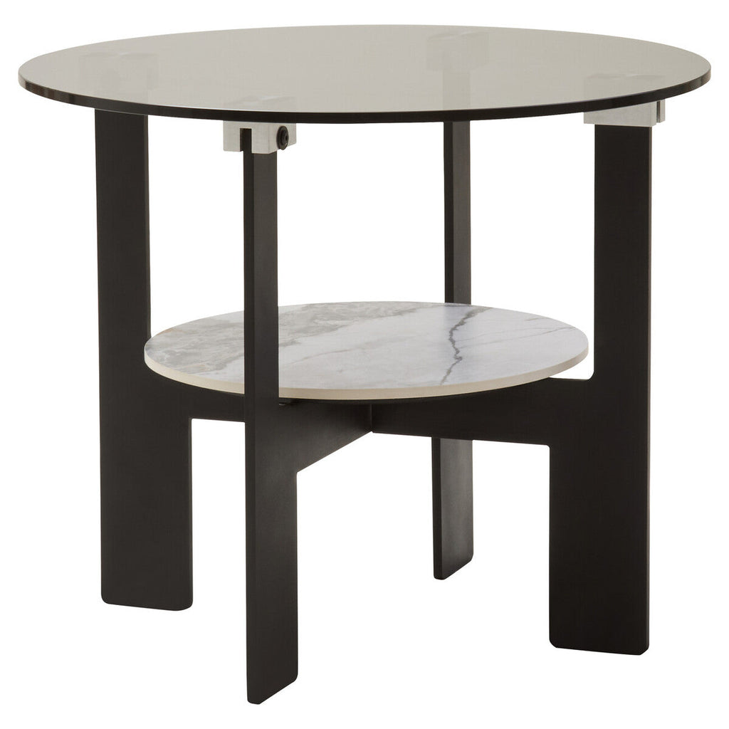 Grey Glass Round Top Coffee Table With Marble Ceramic Shelf & Black Metal Legs, Imperia