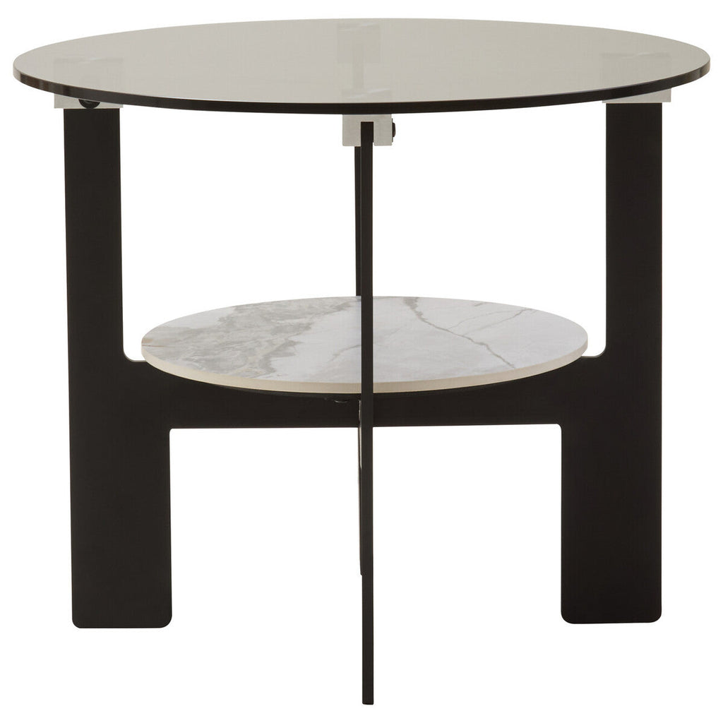 Grey Glass Round Top Coffee Table With Marble Ceramic Shelf & Black Metal Legs, Imperia