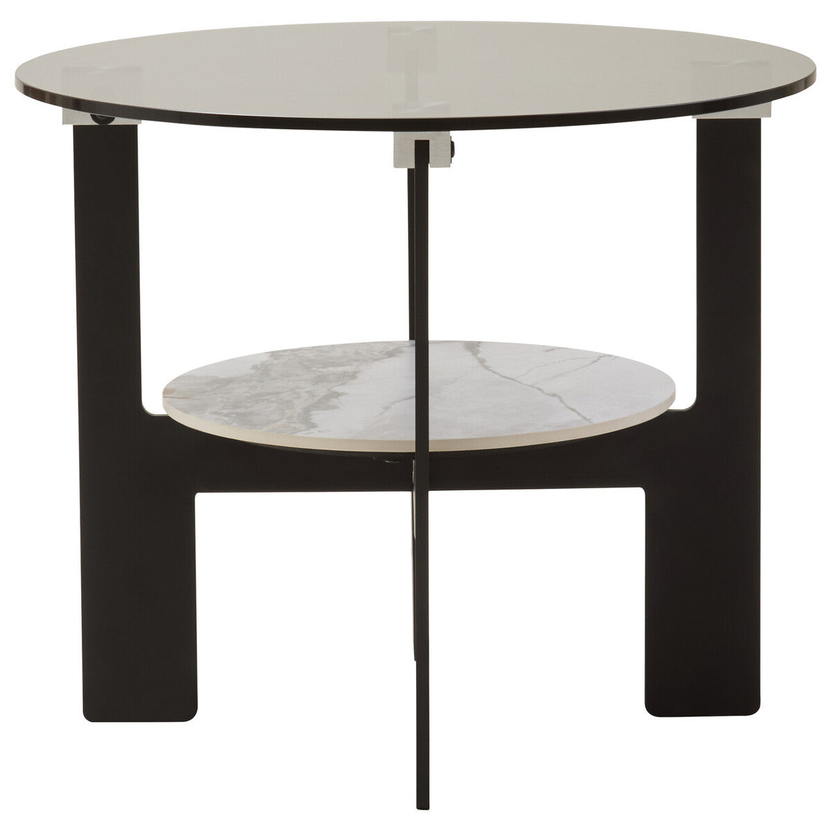 Grey Glass Round Top Coffee Table With Marble Ceramic Shelf & Black Metal Legs, Imperia