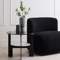 Grey Glass Round Top Coffee Table With Marble Ceramic Shelf & Black Metal Legs, Imperia