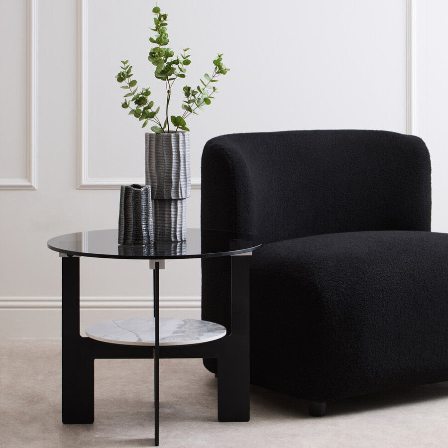 Grey Glass Round Top Coffee Table With Marble Ceramic Shelf & Black Metal Legs, Imperia