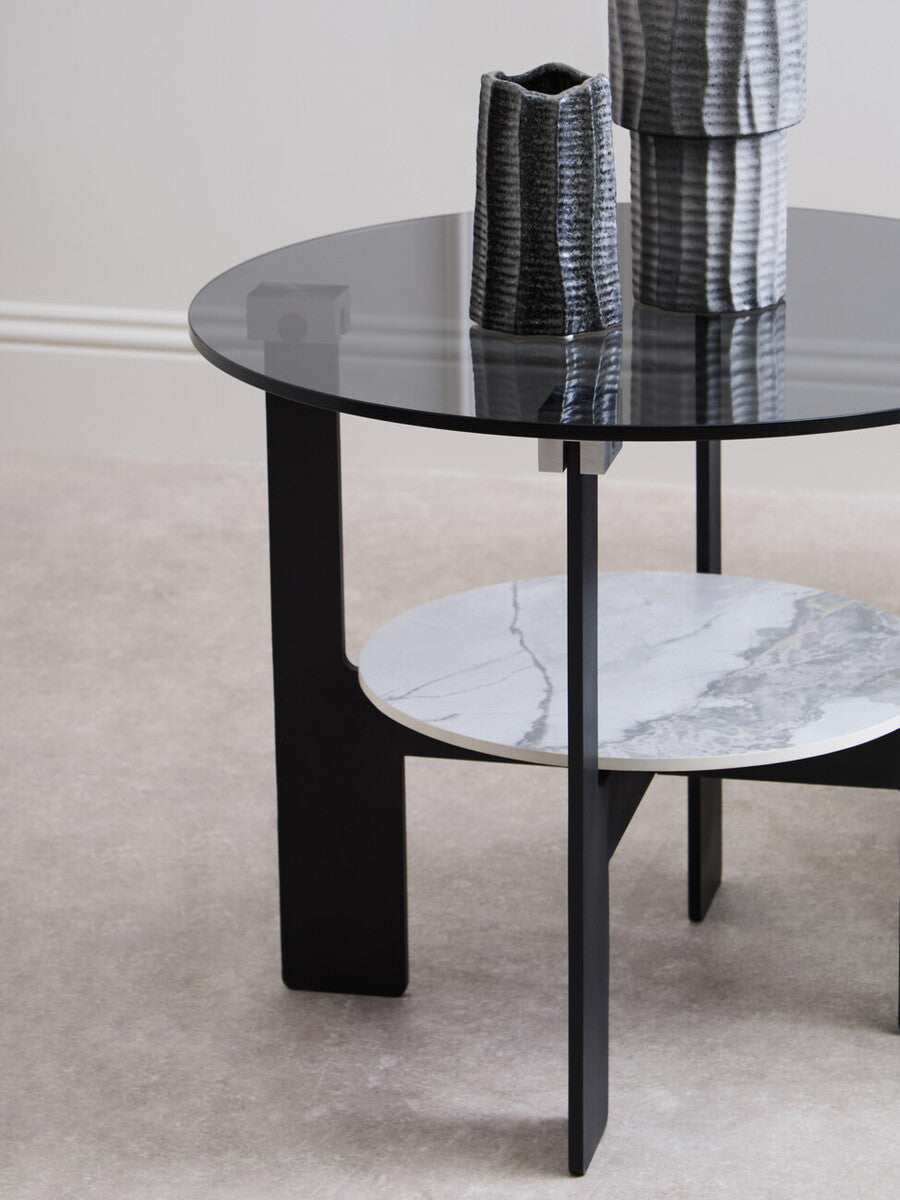 Grey Glass Round Top Coffee Table With Marble Ceramic Shelf & Black Metal Legs, Imperia