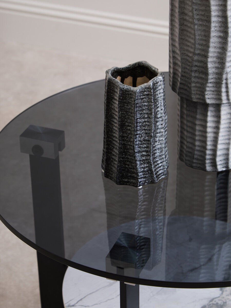 Grey Glass Round Top Coffee Table With Marble Ceramic Shelf & Black Metal Legs, Imperia