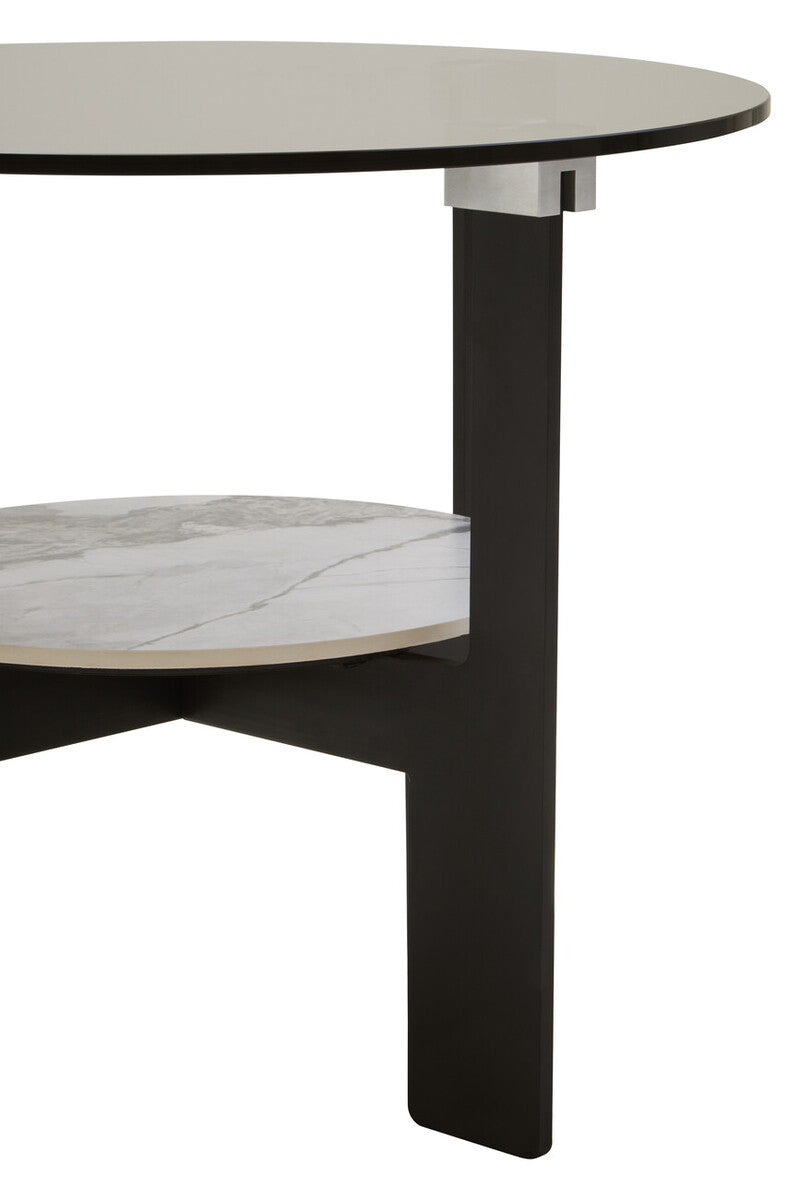 Grey Glass Round Top Coffee Table With Marble Ceramic Shelf & Black Metal Legs, Imperia