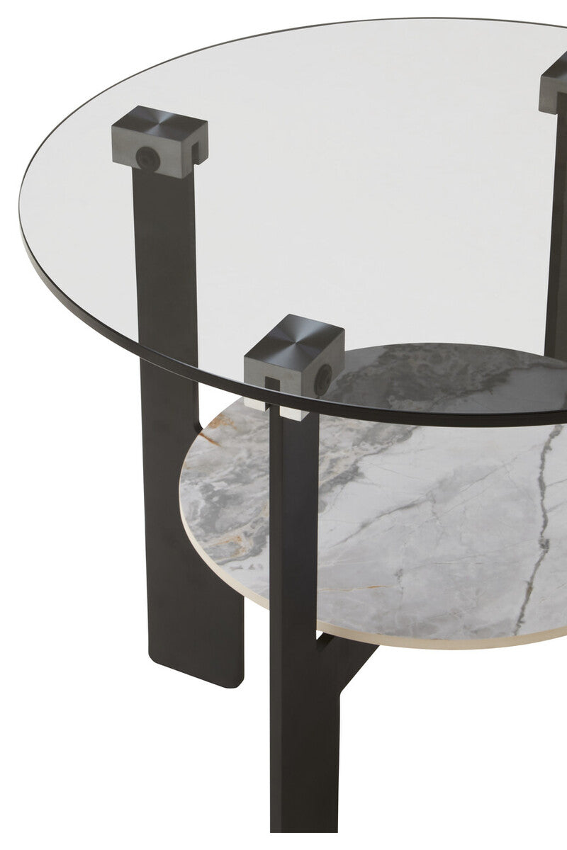 Grey Glass Round Top Coffee Table With Marble Ceramic Shelf & Black Metal Legs, Imperia
