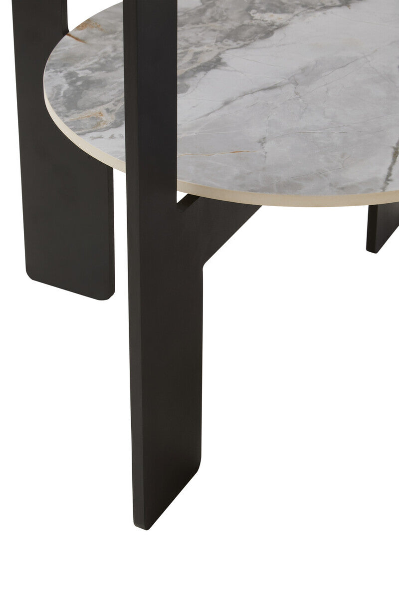 Grey Glass Round Top Coffee Table With Marble Ceramic Shelf & Black Metal Legs, Imperia