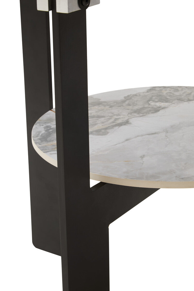 Grey Glass Round Top Coffee Table With Marble Ceramic Shelf & Black Metal Legs, Imperia