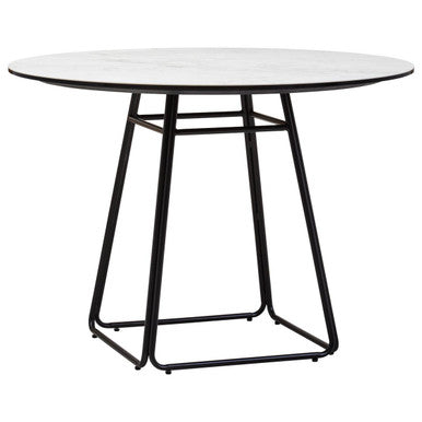 White Ceramic Marble Round Top Dining Table With Black Metal Base, Imperia