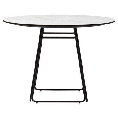 White Ceramic Marble Round Top Dining Table With Black Metal Base, Imperia