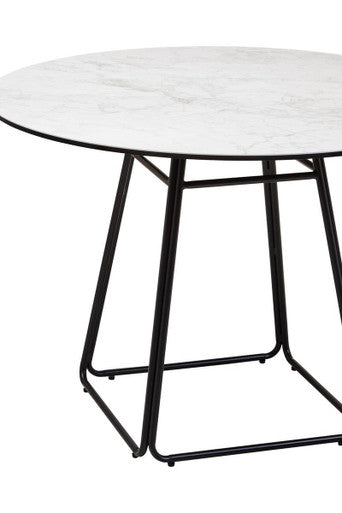 White Ceramic Marble Round Top Dining Table With Black Metal Base, Imperia
