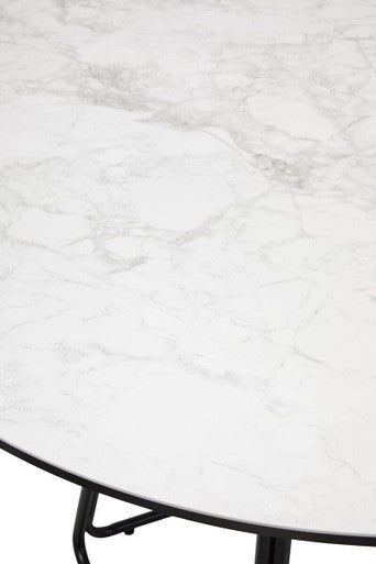 White Ceramic Marble Round Top Dining Table With Black Metal Base, Imperia