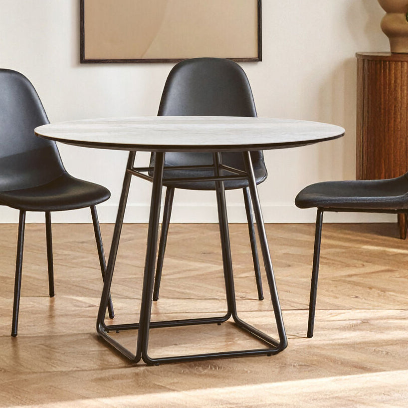 White Ceramic Marble Round Top Dining Table With Black Metal Base, Imperia