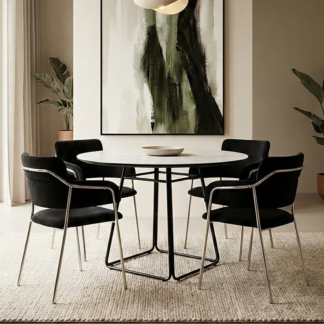 White Ceramic Marble Round Top Dining Table With Black Metal Base, Imperia