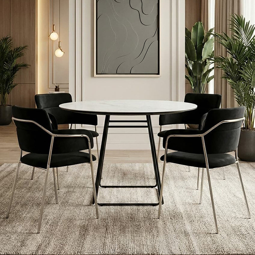 White Ceramic Marble Round Top Dining Table With Black Metal Base, Imperia