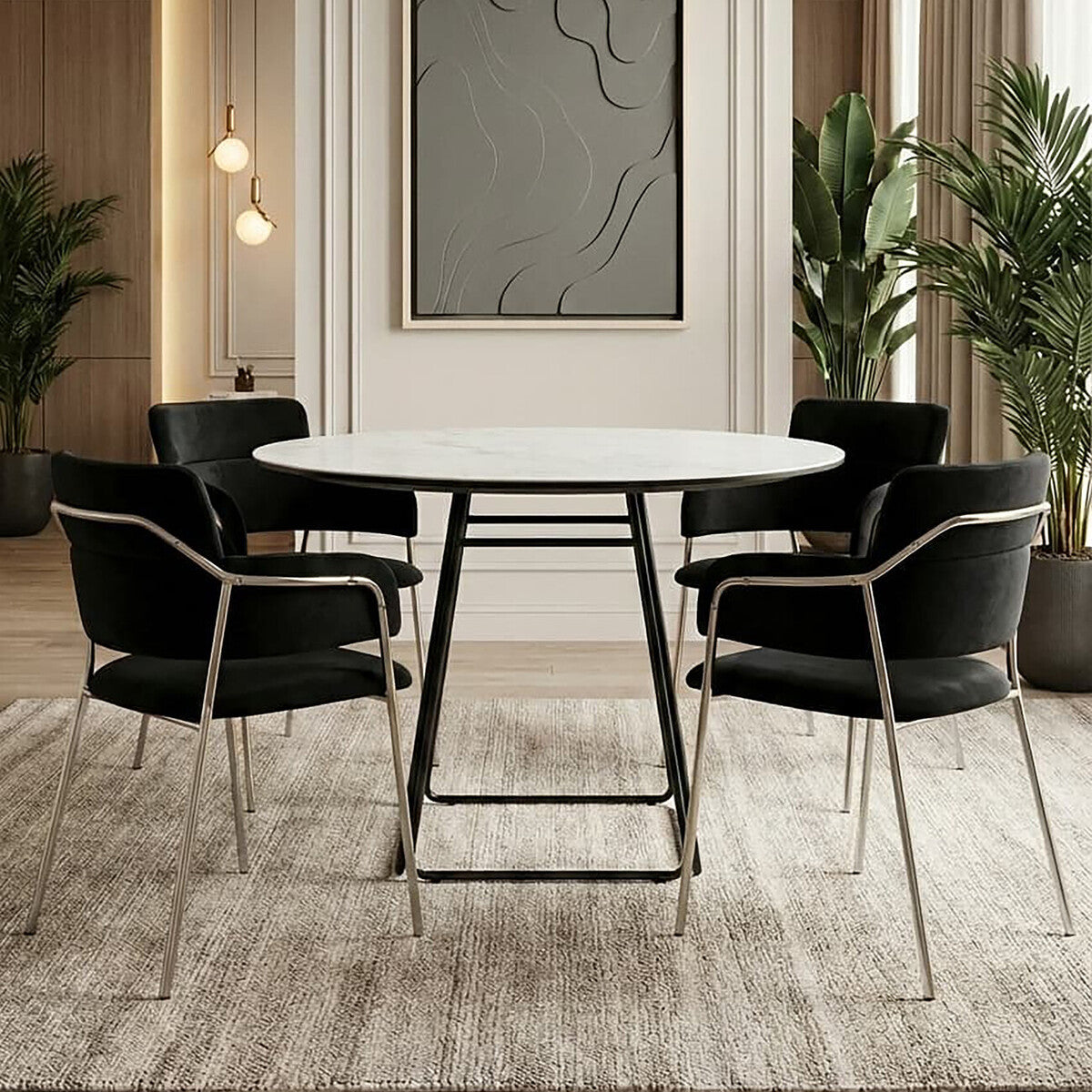 White Ceramic Marble Round Top Dining Table With Black Metal Base, Imperia