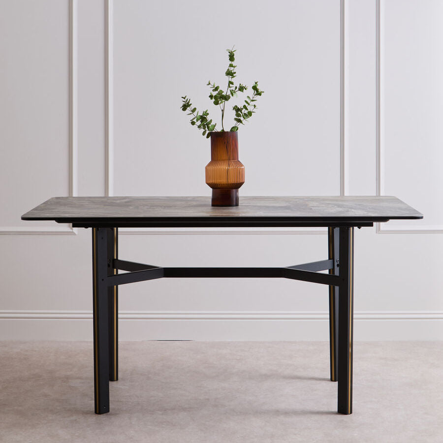 Grey Marble Ceramic Top Dining Table With Black Metal Legs & Gold Detail, Imperia