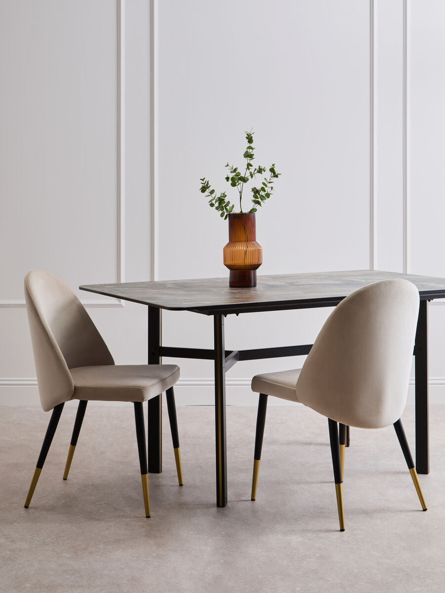 Grey Marble Ceramic Top Dining Table With Black Metal Legs & Gold Detail, Imperia