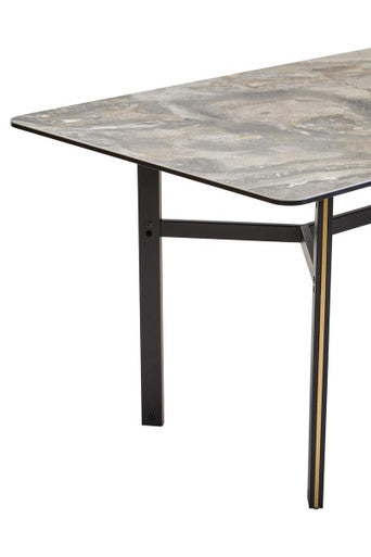 Grey Marble Ceramic Top Dining Table With Black Metal Legs & Gold Detail, Imperia