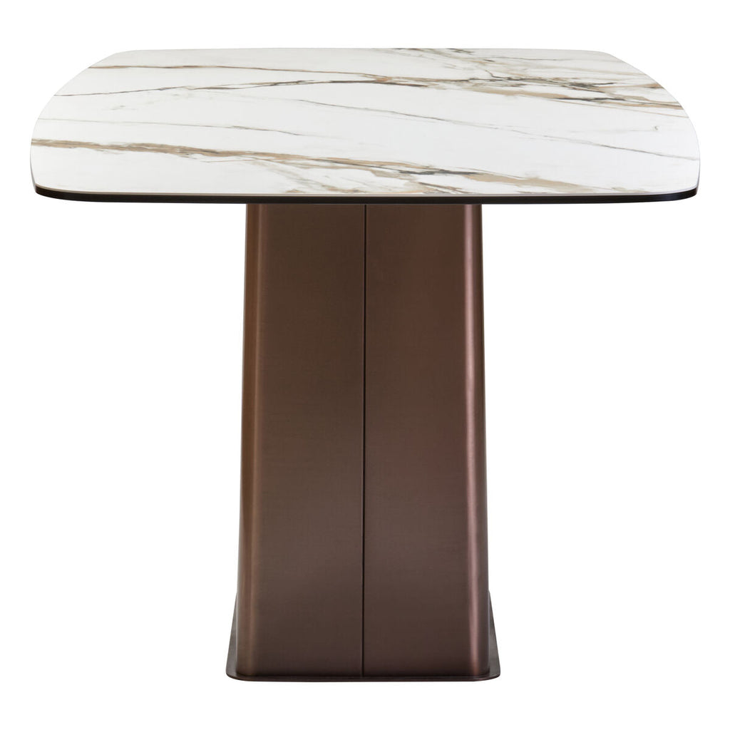 White Marble Ceramic Rectangular Dining Table With Brushed Bronze Steel Column Base, Imperia
