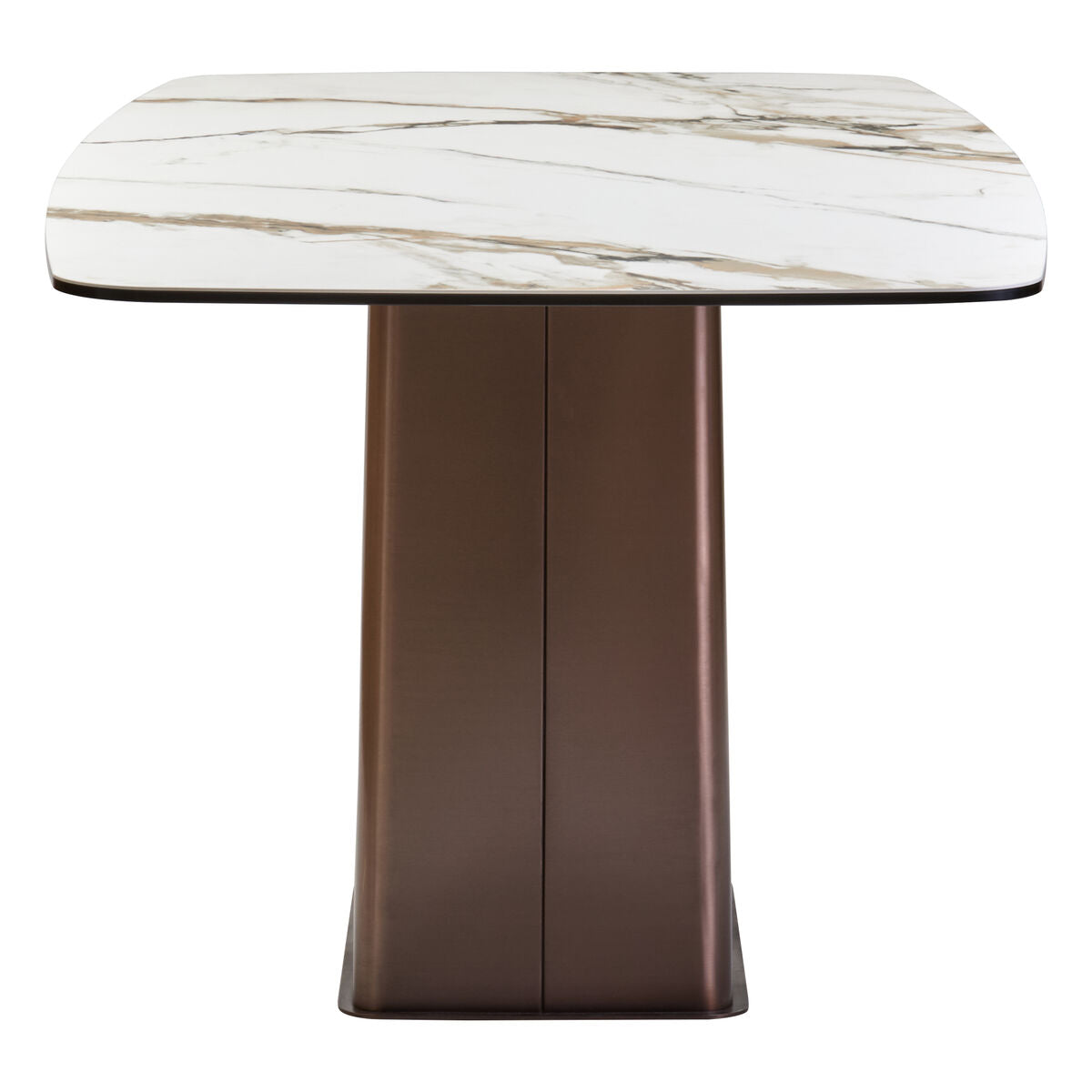 White Marble Ceramic Rectangular Dining Table With Brushed Bronze Steel Column Base, Imperia