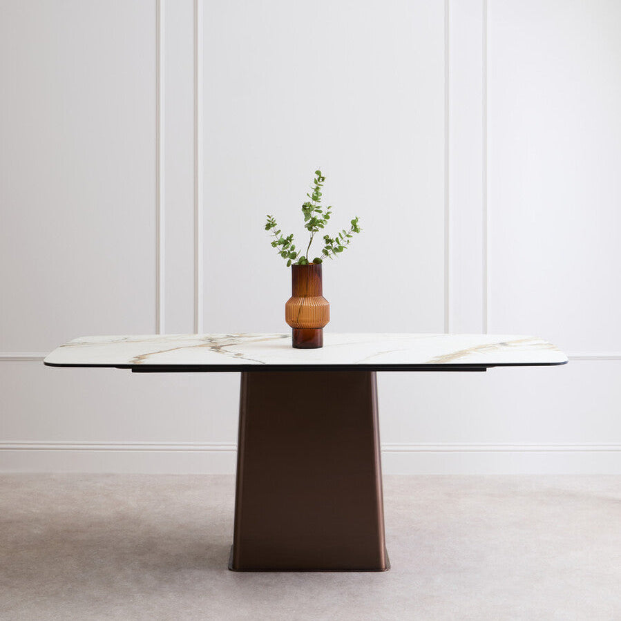 White Marble Ceramic Rectangular Dining Table With Brushed Bronze Steel Column Base, Imperia