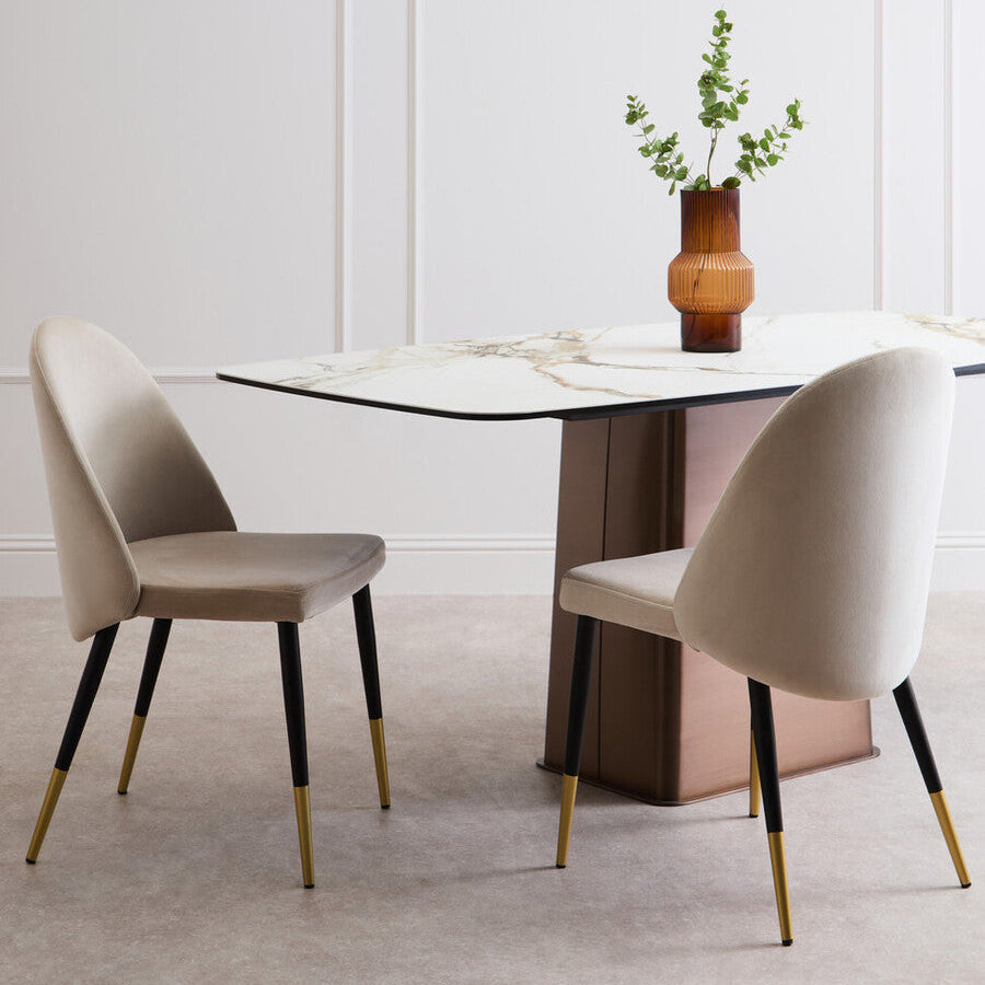 White Marble Ceramic Rectangular Dining Table With Brushed Bronze Steel Column Base, Imperia