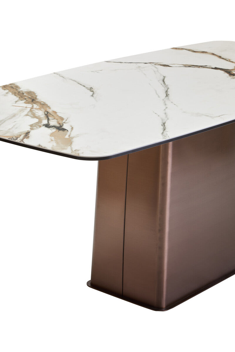 White Marble Ceramic Rectangular Dining Table With Brushed Bronze Steel Column Base, Imperia