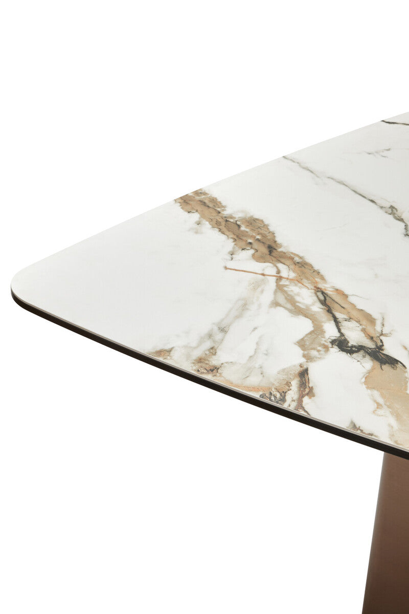 White Marble Ceramic Rectangular Dining Table With Brushed Bronze Steel Column Base, Imperia