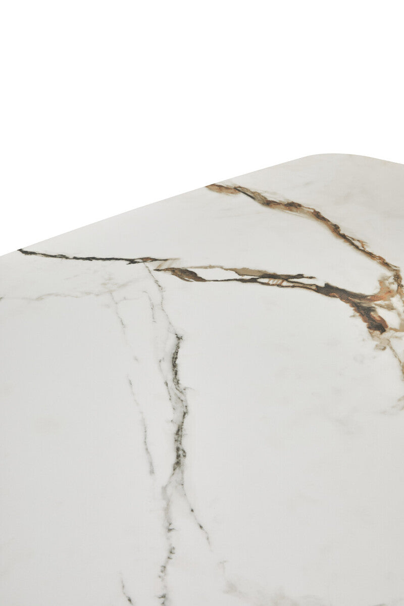 White Marble Ceramic Rectangular Dining Table With Brushed Bronze Steel Column Base, Imperia