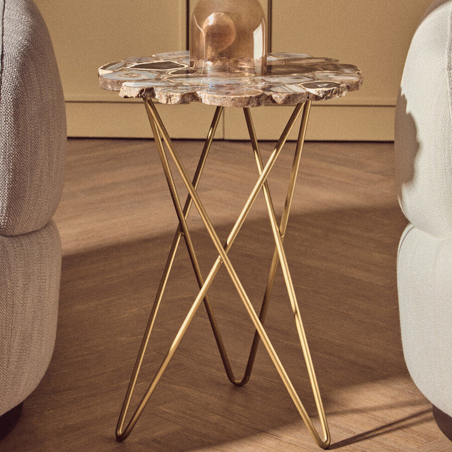 Agate Top Side Table With Gold Trim & Hairpin Metal Legs, Jaipur