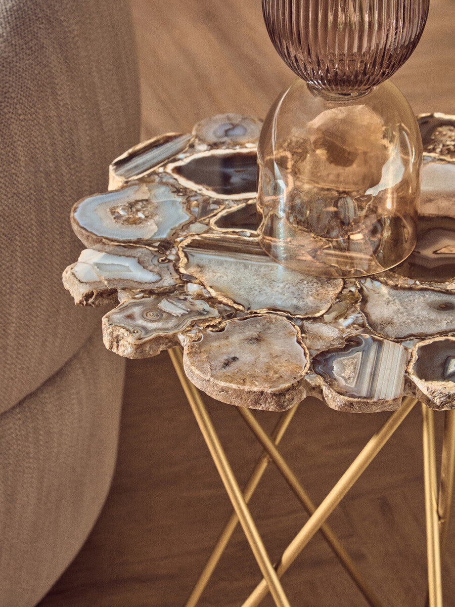 Agate Top Side Table With Gold Trim & Hairpin Metal Legs, Jaipur