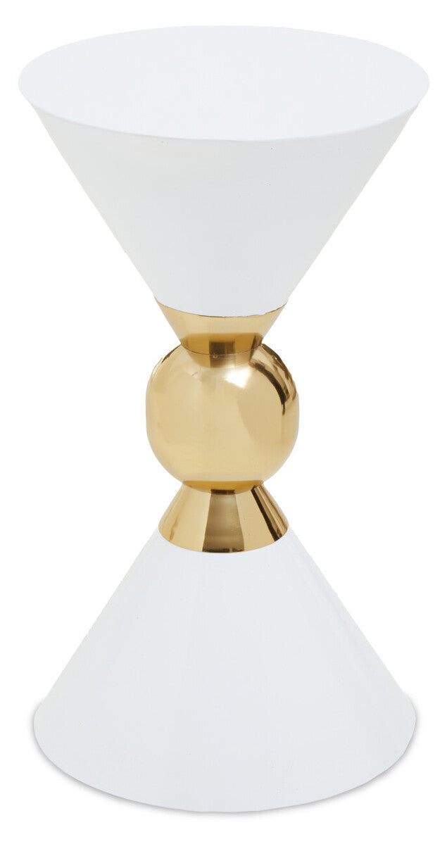 White Conical Metal Side Table In Stainless Steel With Gold Centre Ring Detail, Jaipur