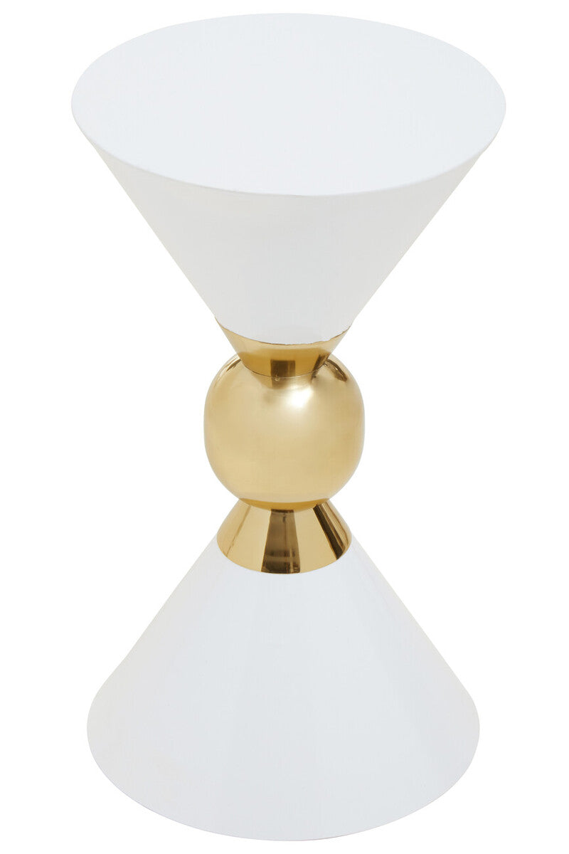 White Conical Metal Side Table In Stainless Steel With Gold Centre Ring Detail, Jaipur