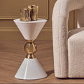 White Conical Metal Side Table In Stainless Steel With Gold Centre Ring Detail, Jaipur