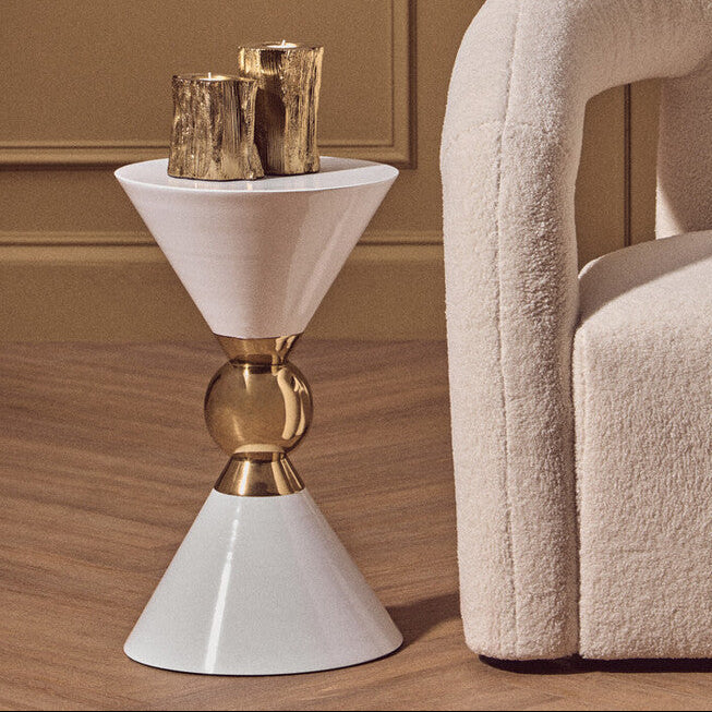 White Conical Metal Side Table In Stainless Steel With Gold Centre Ring Detail, Jaipur