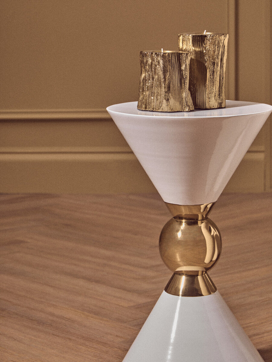 White Conical Metal Side Table In Stainless Steel With Gold Centre Ring Detail, Jaipur