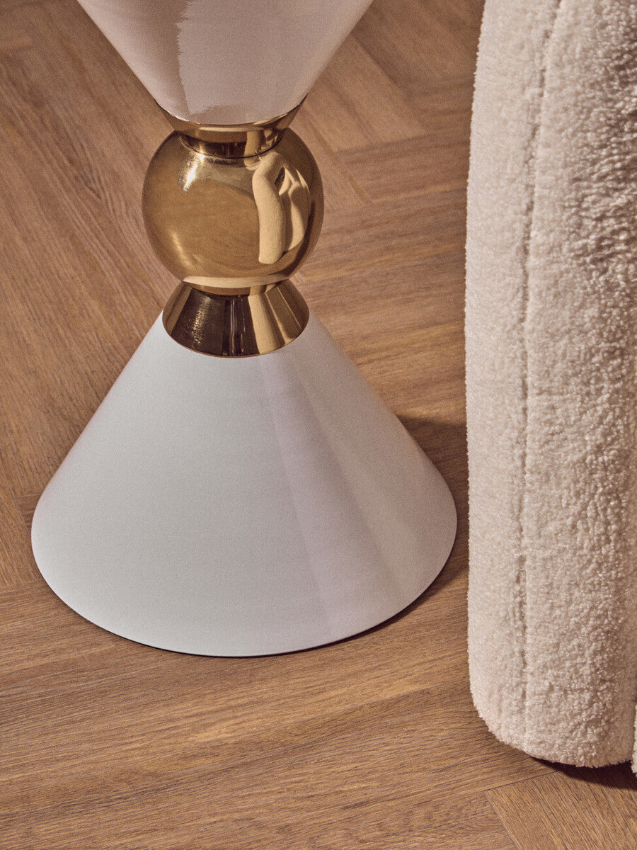 White Conical Metal Side Table In Stainless Steel With Gold Centre Ring Detail, Jaipur