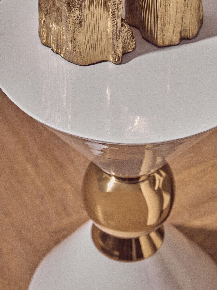 White Conical Metal Side Table In Stainless Steel With Gold Centre Ring Detail, Jaipur