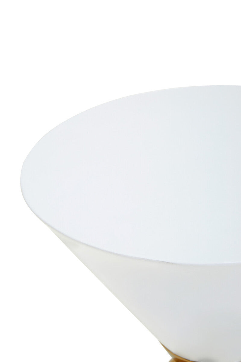 White Conical Metal Side Table In Stainless Steel With Gold Centre Ring Detail, Jaipur