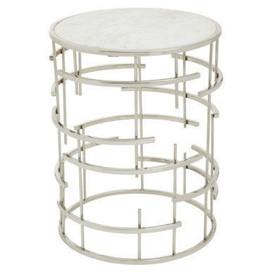White Round Marble Top Side Table With Silver Open Frame Metal Base, Jaipur
