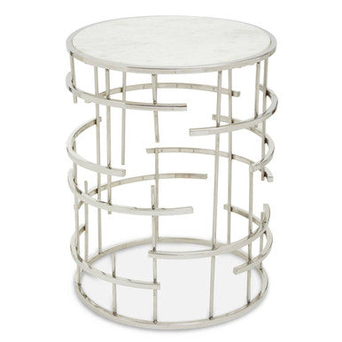 White Round Marble Top Side Table With Silver Open Frame Metal Base, Jaipur