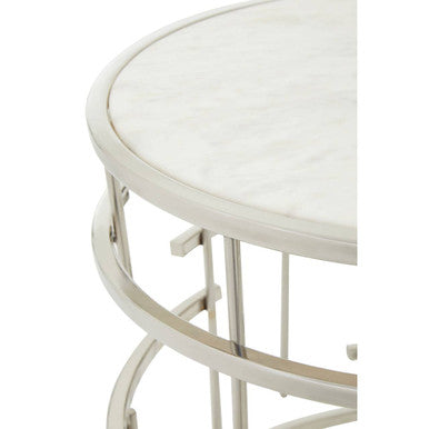 White Round Marble Top Side Table With Silver Open Frame Metal Base, Jaipur
