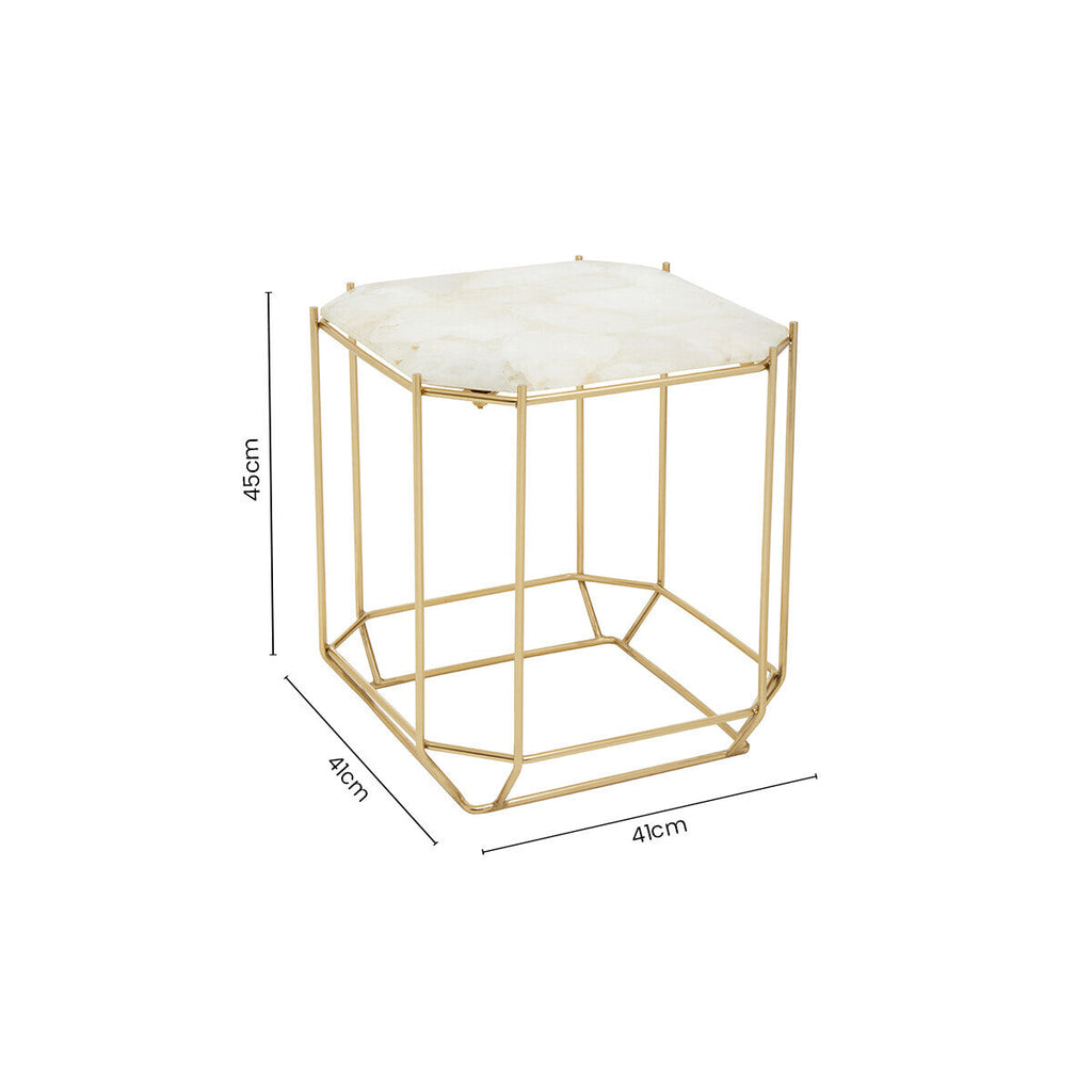 White Octagonal Stone Quartz Top Side Table With Warm Metallic Angular Base, Jaipur
