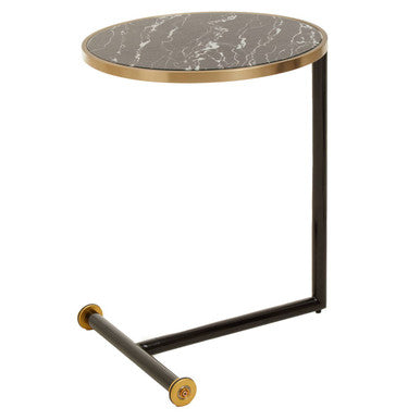 Black Marble Glass Top Side Table With Gold Rim & Gold Feet, Oria