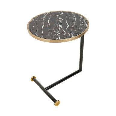 Black Marble Glass Top Side Table With Gold Rim & Gold Feet, Oria