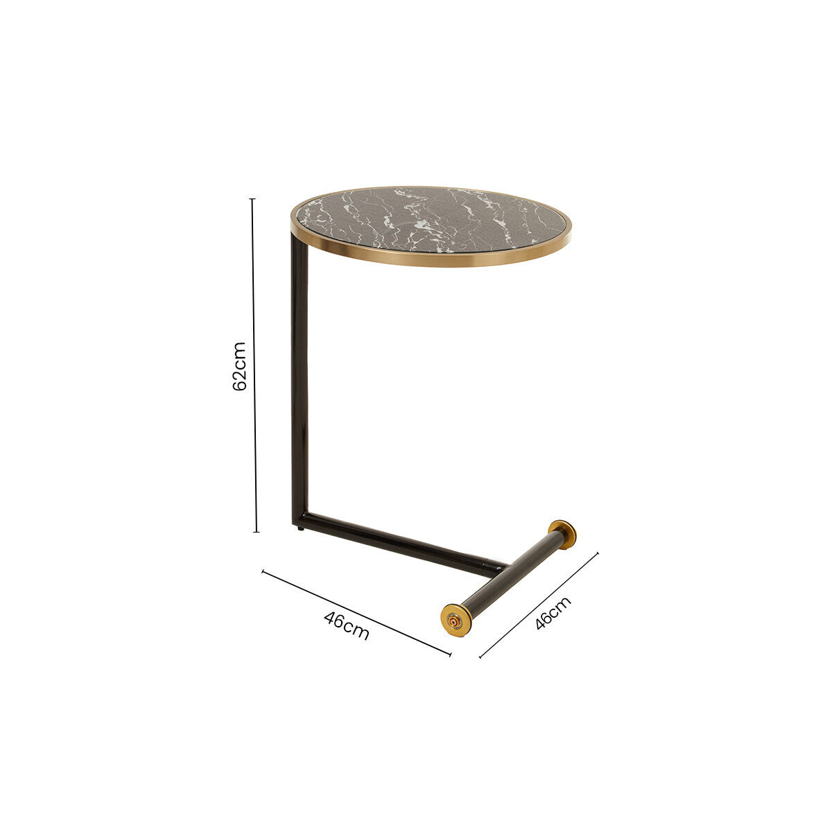 Black Marble Glass Top Side Table With Gold Rim & Gold Feet, Oria