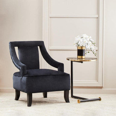 Black Marble Glass Top Side Table With Gold Rim & Gold Feet, Oria
