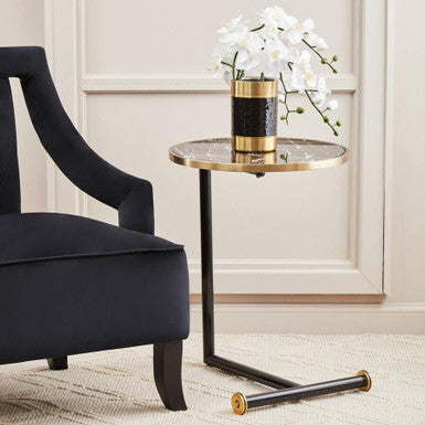 Black Marble Glass Top Side Table With Gold Rim & Gold Feet, Oria