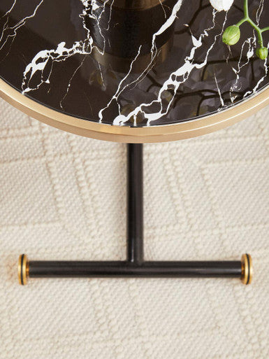 Black Marble Glass Top Side Table With Gold Rim & Gold Feet, Oria