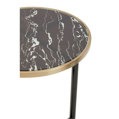 Black Marble Glass Top Side Table With Gold Rim & Gold Feet, Oria